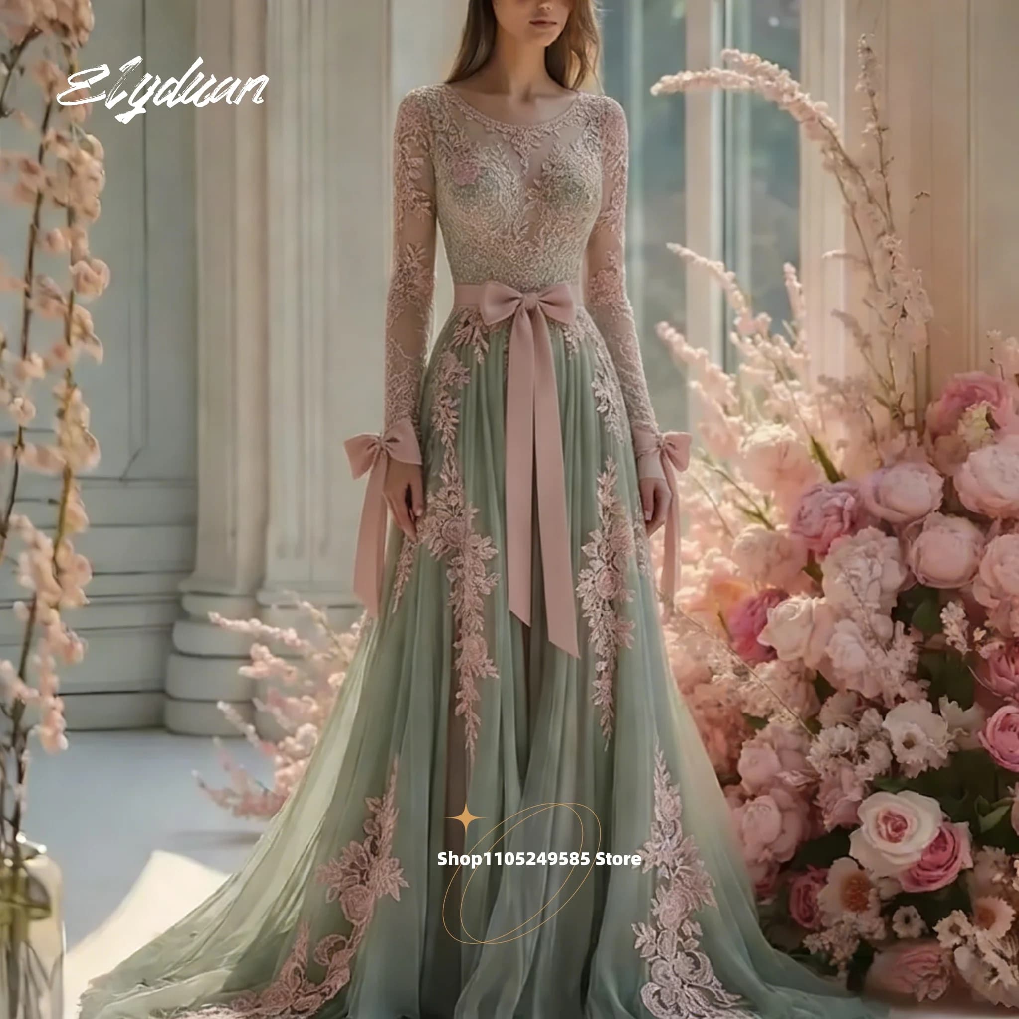 Customized Sage A-Line Country Wedding Dress With Pink Lace Appliques Long Sleeves Pastrol Garden Bridal Gowns With Bow