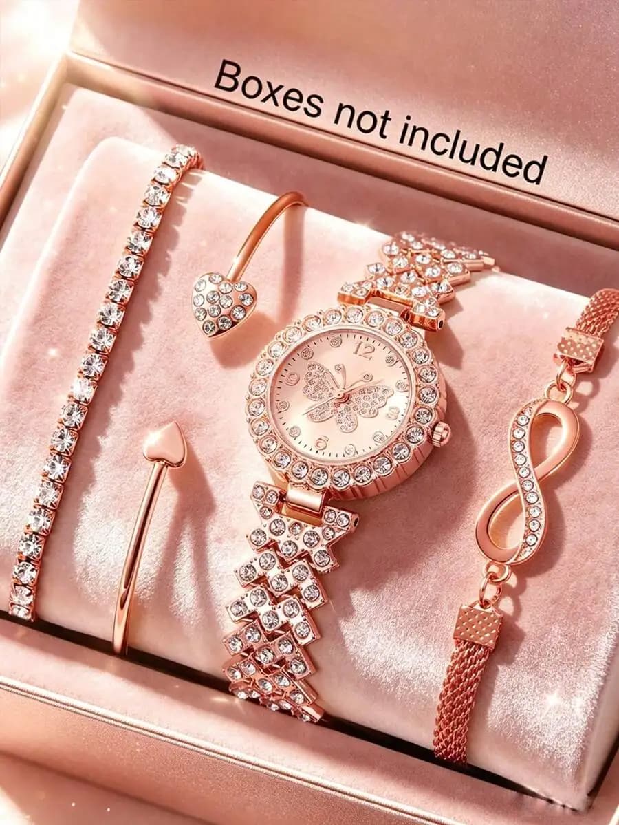 2pcs Rose Gold Rhinestone Butterfly Watch & Bracelet Set, Rose Gold Dial Decorated With Full Diamonds Butterfly Pattern,