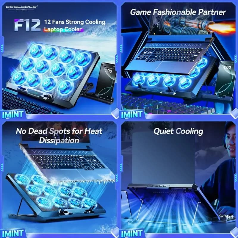 COOLCOLD Laptop Cooling Pad with 12 Quiet Fans,12-17.3 Inch Gaming Laptop Cooler Stand with Two USB Ports & Phone Holder