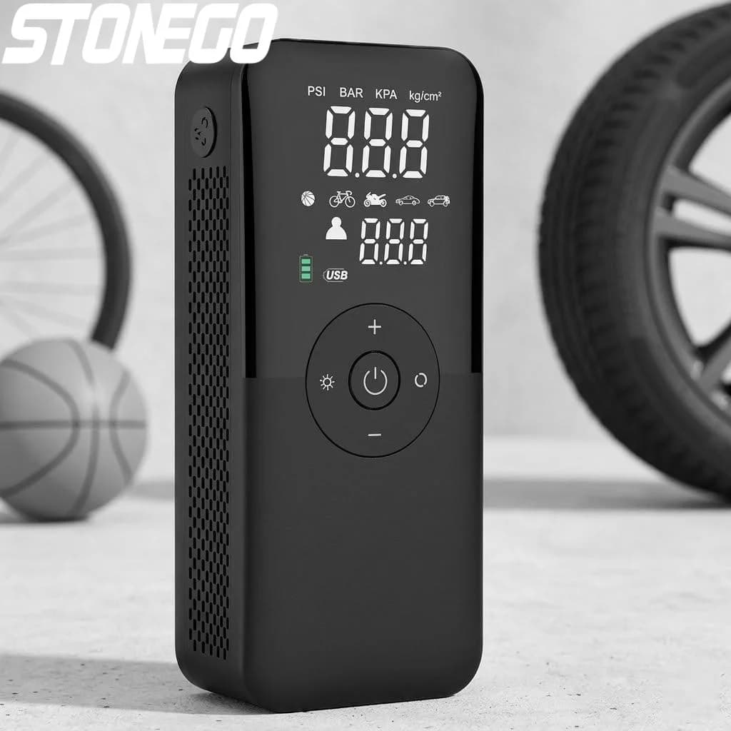 Pompa d'Aria Digitale Ricaricabile, Gonfiatore Portatile Senza Fili per Pneumatici di Moto, Auto, Biciclette e Palloni, Compressore
