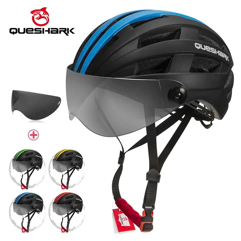 QUESHARK Men Women's Ultralight Cycling Helmet MTB Road Bike Bike Motorcycle Riding Clear Removable Lense Safe Carpet QE116