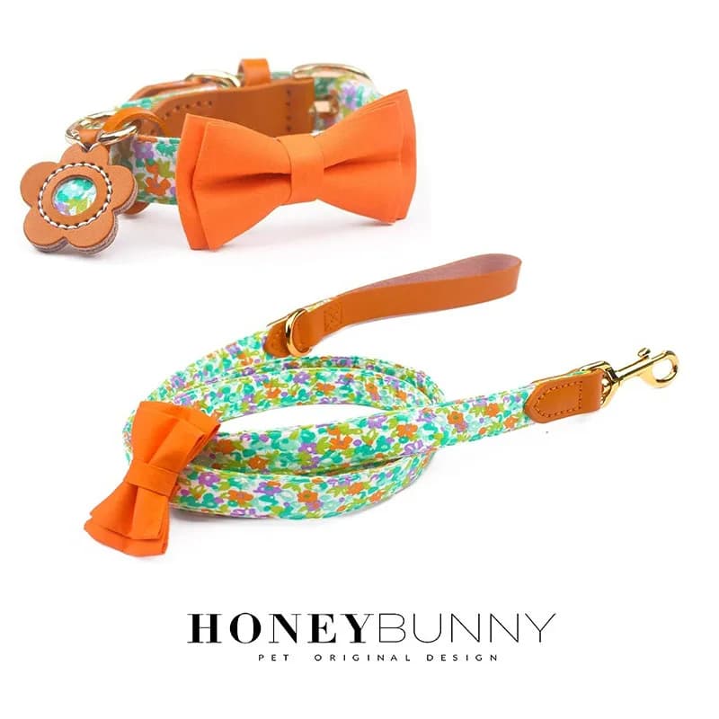 Collare per cani da compagnia Guinzaglio Catena per cani Patchwork in pelle bovina Papillon in cotone floreale Etichetta incisa Accessori personalizzati per animali domestici
