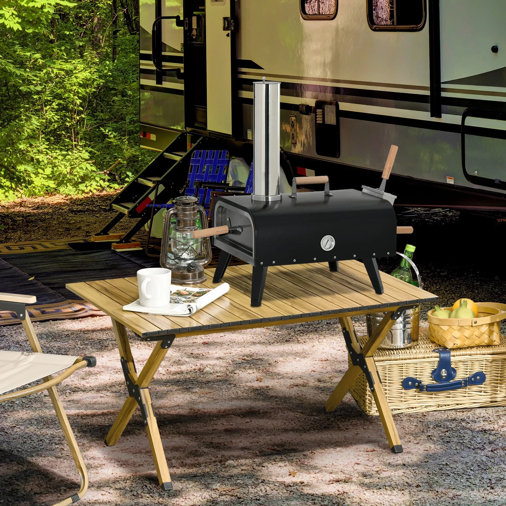 Pellet Wood Fired Pizza Oven Outdoor Pizza Maker with 12" Stone, Peel and Waterproof Cover