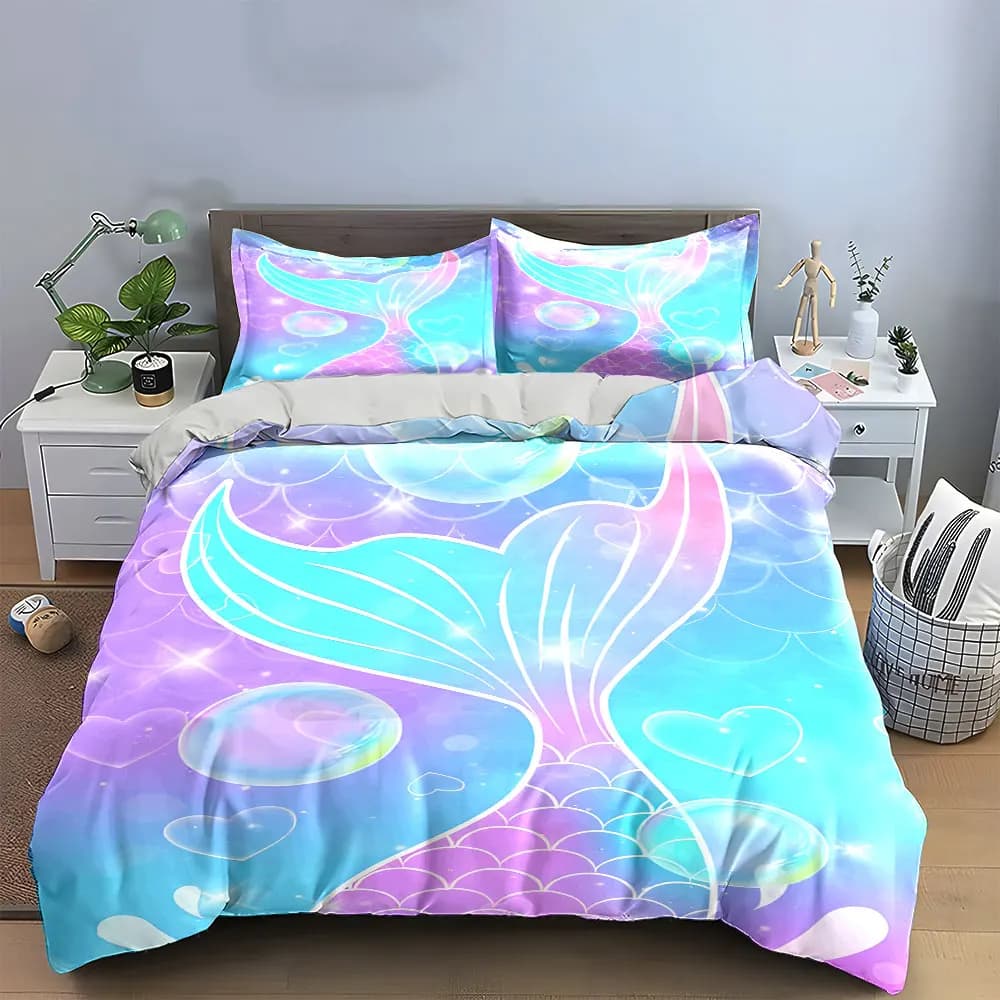 Set copripiumino con motivo a cuore a bolle e coda di sirena in gradiente pastello, biancheria da letto Kawaii per ragazze, include 1 copripiumino e 2 federe, regalo