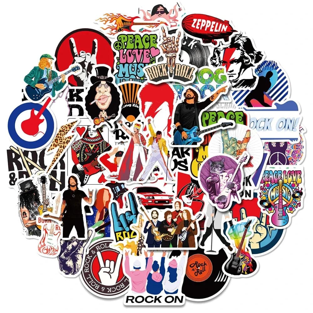 50PCS Cartoons Rock Records Guitar Beatles Graffiti Stickers Bike Skateboard Car Helmet Laptop Computer