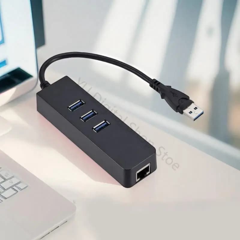 96BA USB-A Desktop Ethernet Adapter with RJ45 Access and 3 USB-A Outlets for Office