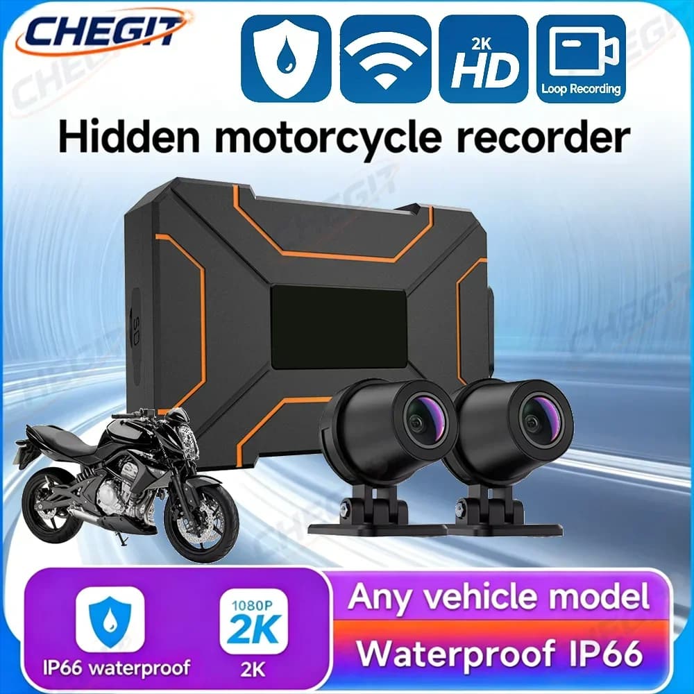 Telecamera DVR per Moto 2K Impermeabile IP66 con WiFi, Registratore Video Anteriore e Posteriore, Scatola Nera