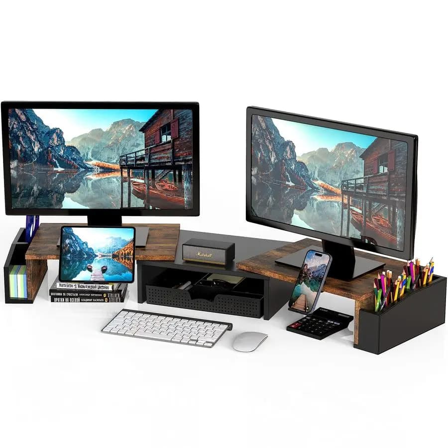 Supporto da scrivania per doppio monitor con cassetto, marrone rustico