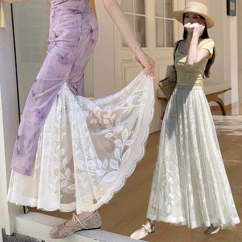 Retro under Skirt Long Lace Tulle White Blouse Mid-Length Half Skirt Double-Sided Wear A-Line Skirt High Waist