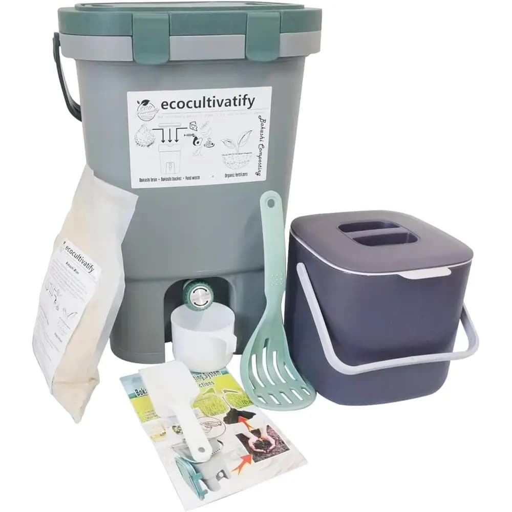 Composter Bokashi da 20L, Composter da Cucina da 5,28 Galloni con Coperchio, Kit di Avvio Bokashi con Crusca (18,8L/5 Galloni)