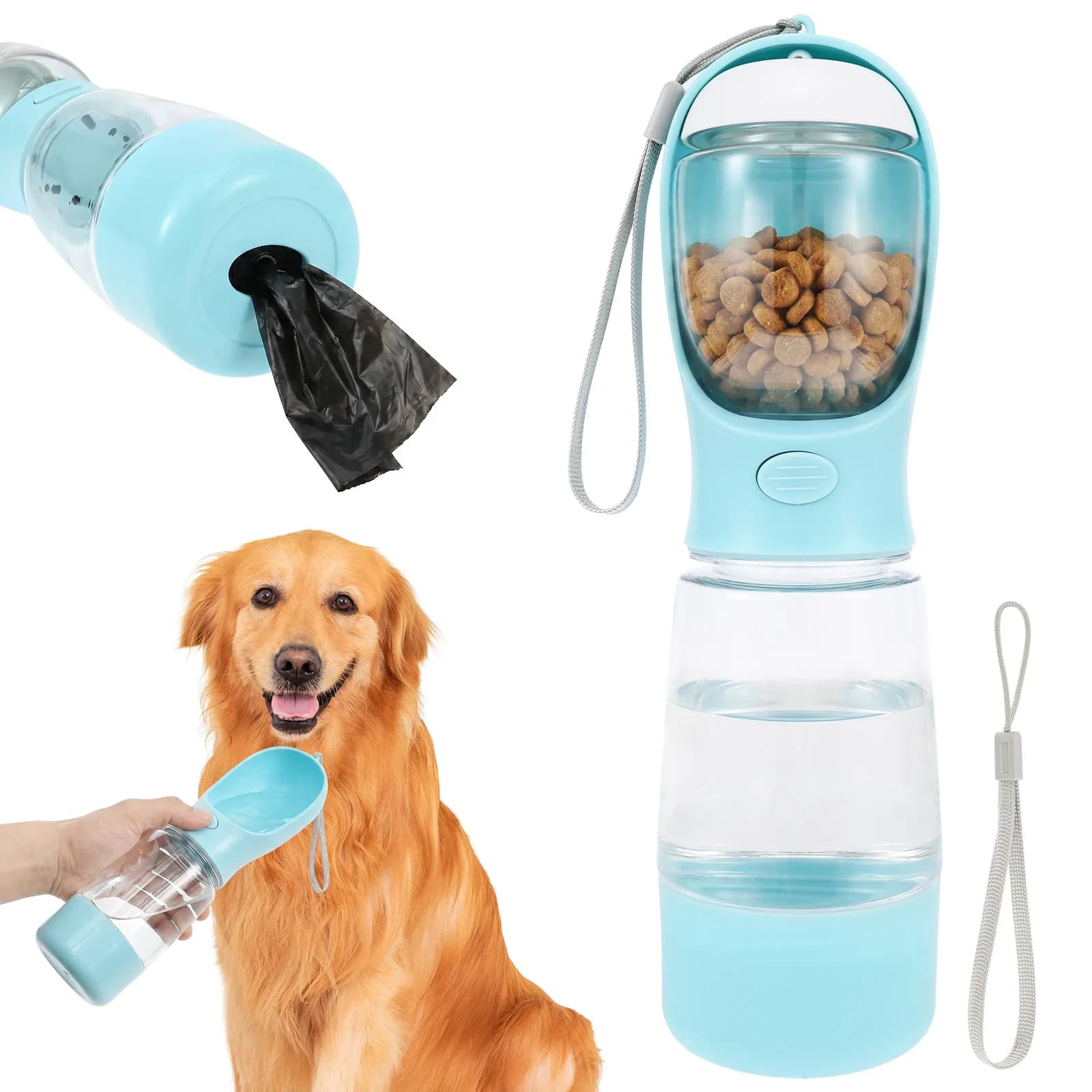 Dog Water Bottle Portable Drinking Bowl with Food Dispenser and Poop Bag Small Dogs Cat Travel Hiking Puppy Pet Water Cup