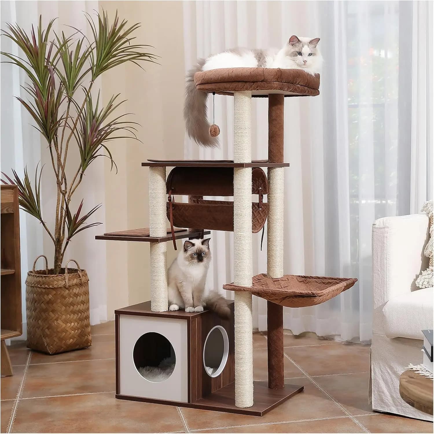 Albero per Gatti in Legno con Tiragraffi in Sisal, Torre per Gatti di Grandi Dimensioni, Amaca, Cuccia, Altalena, Tunnel e Posatoio