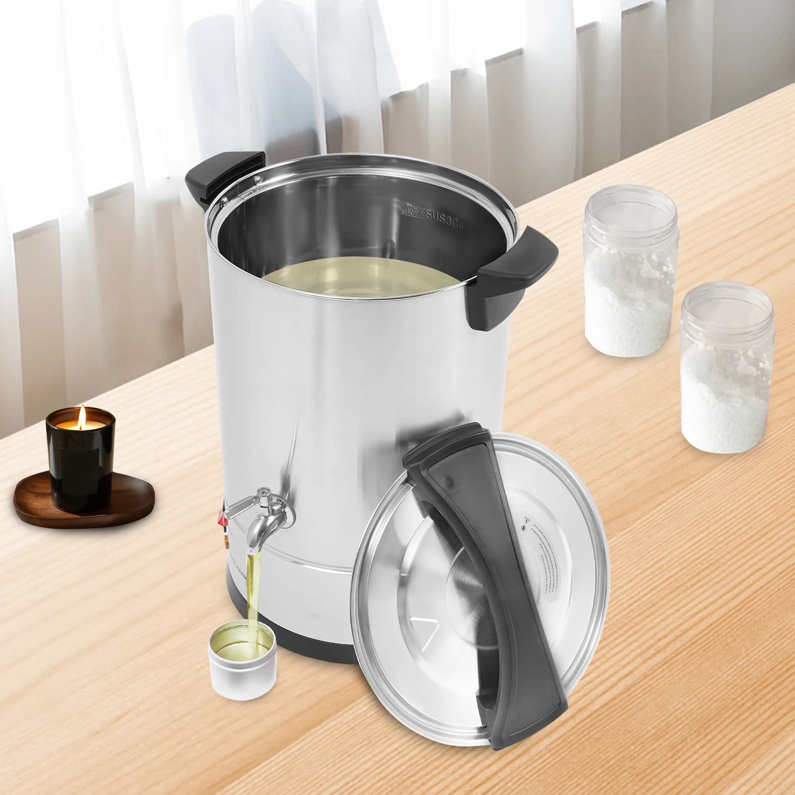 Fonditore elettrico per cera da 1200 W, vaso per fusione della cera in acciaio inossidabile da 12 L con beccuccio, intervallo di temperatura 30 ℃ -110 ℃ , per realizzare candele fai da te
