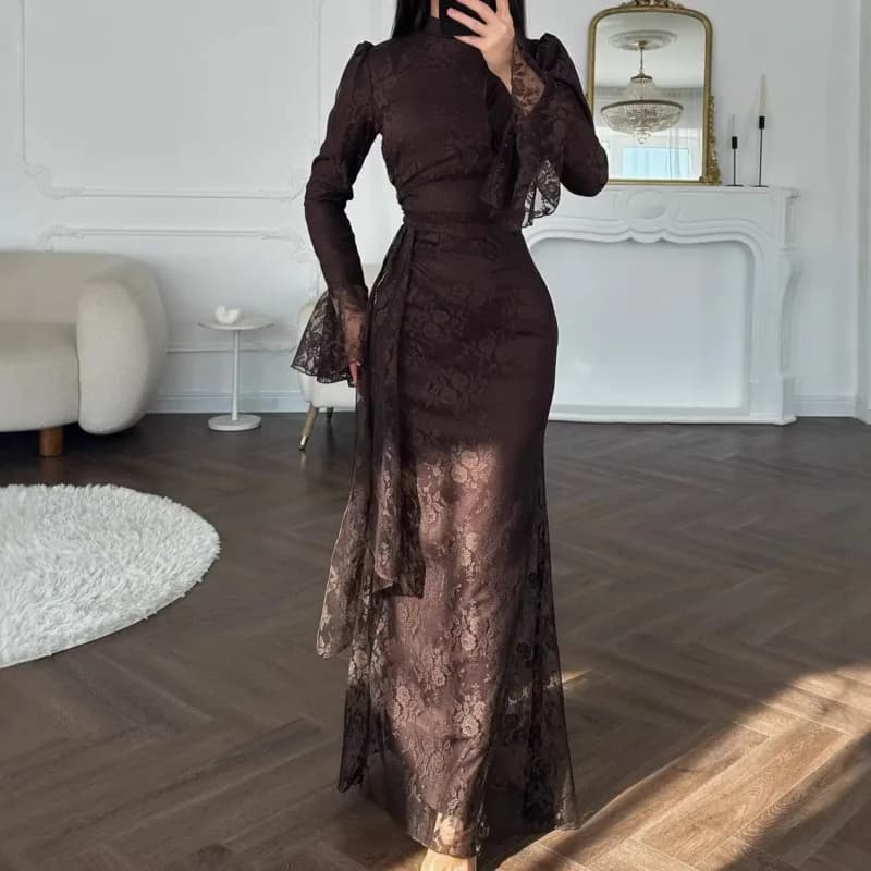 Temperament Lace Asymmetrical Bell Sleeve Slim Dress Women's Autumn Winter High Waist Draped Sexy Elegant Banquet Long Skirt