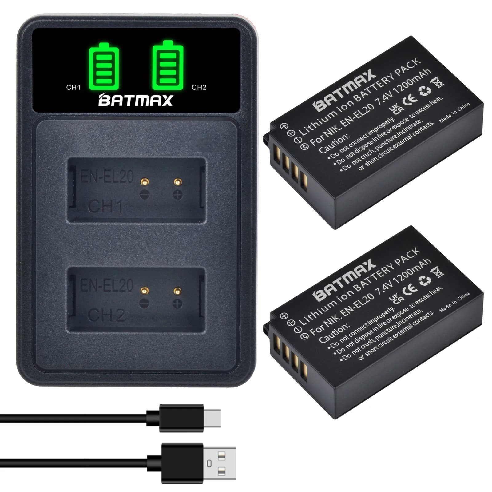 Batteria Batmax EN-EL20 EN-EL20A + caricatore doppio USB LED con porta di tipo C per Nikon Coolpix P1000,P950 Nikon1 J1, J2, J3 Nikon1 AW1