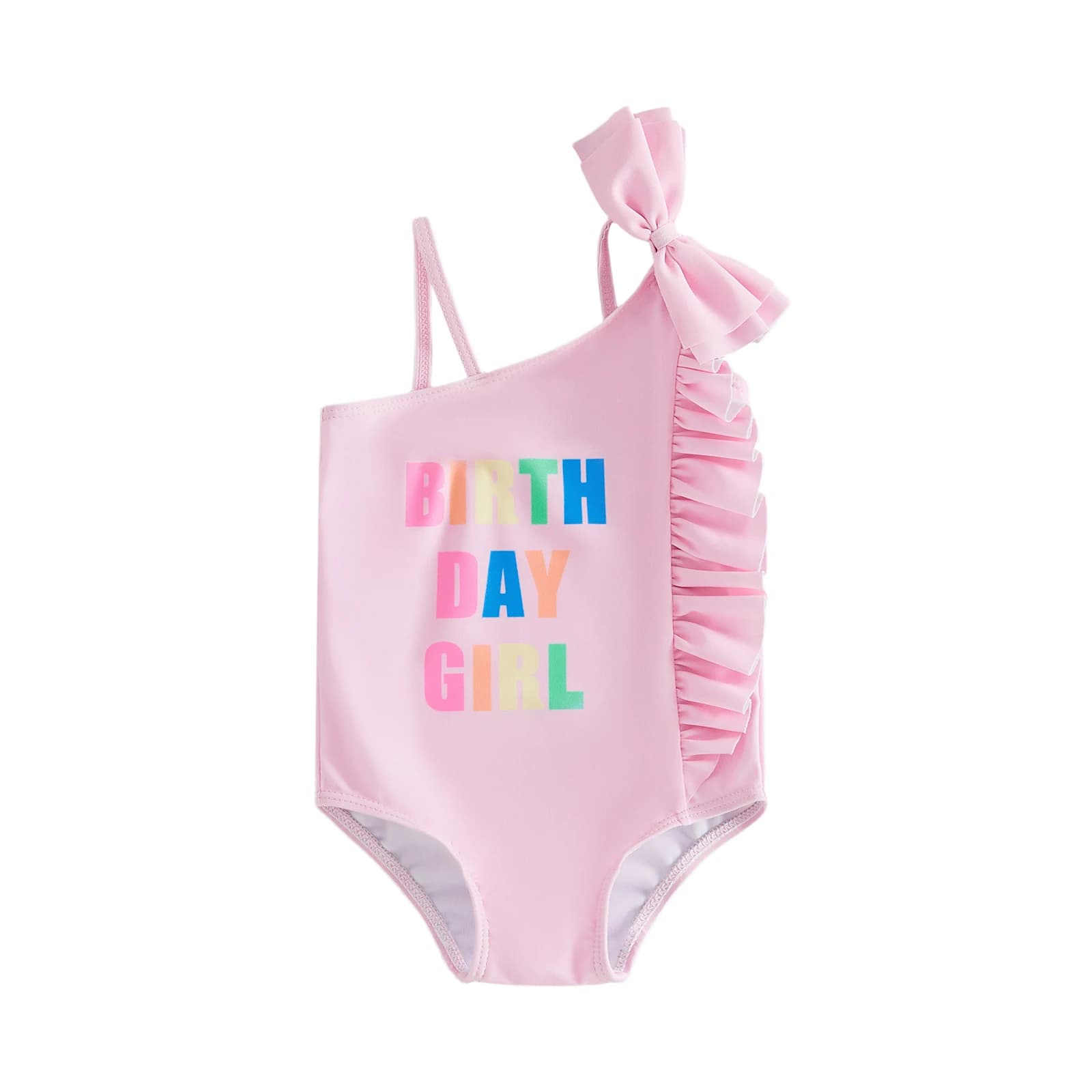 Costumi da bagno per bambina con stampa a lettere, fiocco asimmetrico e volant, senza maniche, per neonate e bambine, abbigliamento da spiaggia