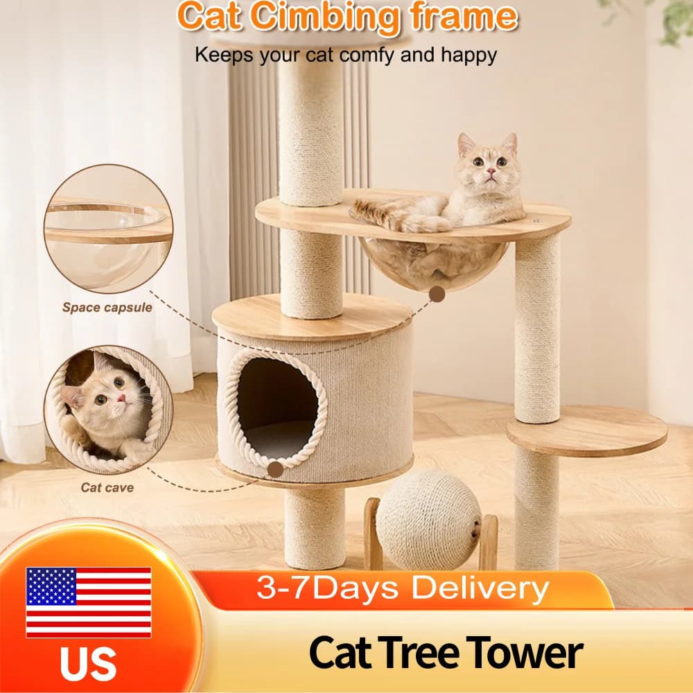 Piattaforma per Gatti Resistente all'Usura con Cuccia Integrata, Tiragraffi Traspirante, Struttura per Arrampicata per Gatti