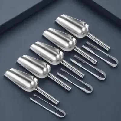 5Pcs Stainless Steel Ice Scoop and Ice Tongs Set for Wedding Buffet Bar Home Use Candy Dessert Protein Powder Scooper Serrated