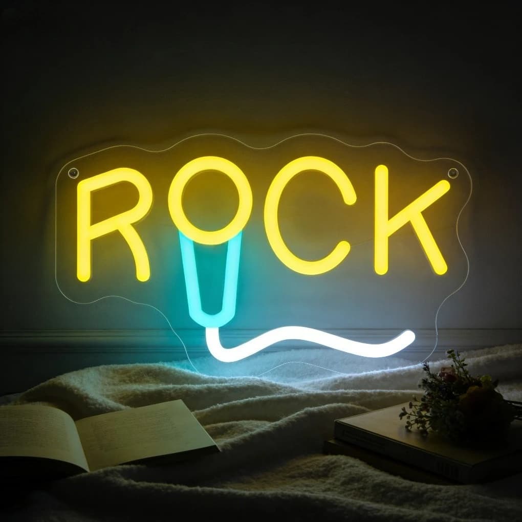 Insegna LED Neon ROCK con Microfono a Tema Musicale per Camera da Letto, Soggiorno, Bar, Decorazione Domestica, Illuminazione Artistica da Parete Vibrante, Regalo