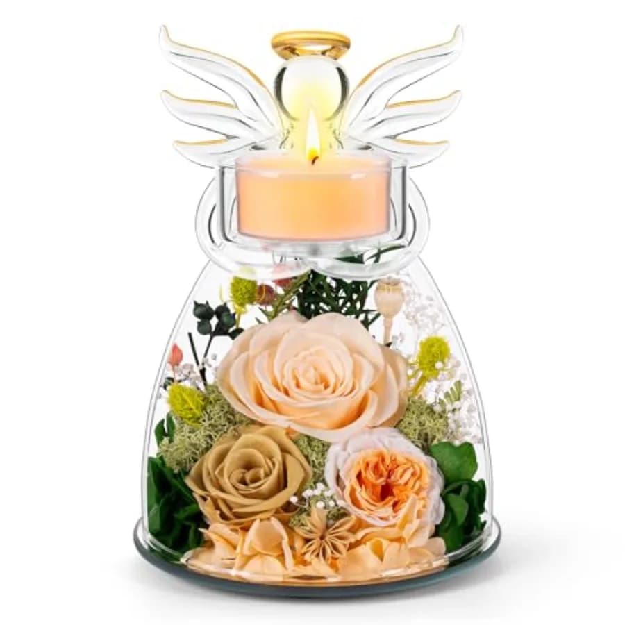 Regali per la Festa della Mamma Agrul, Rose Vere Conservate in Vetro con Statuette di Angeli e Portacandele con Lumino