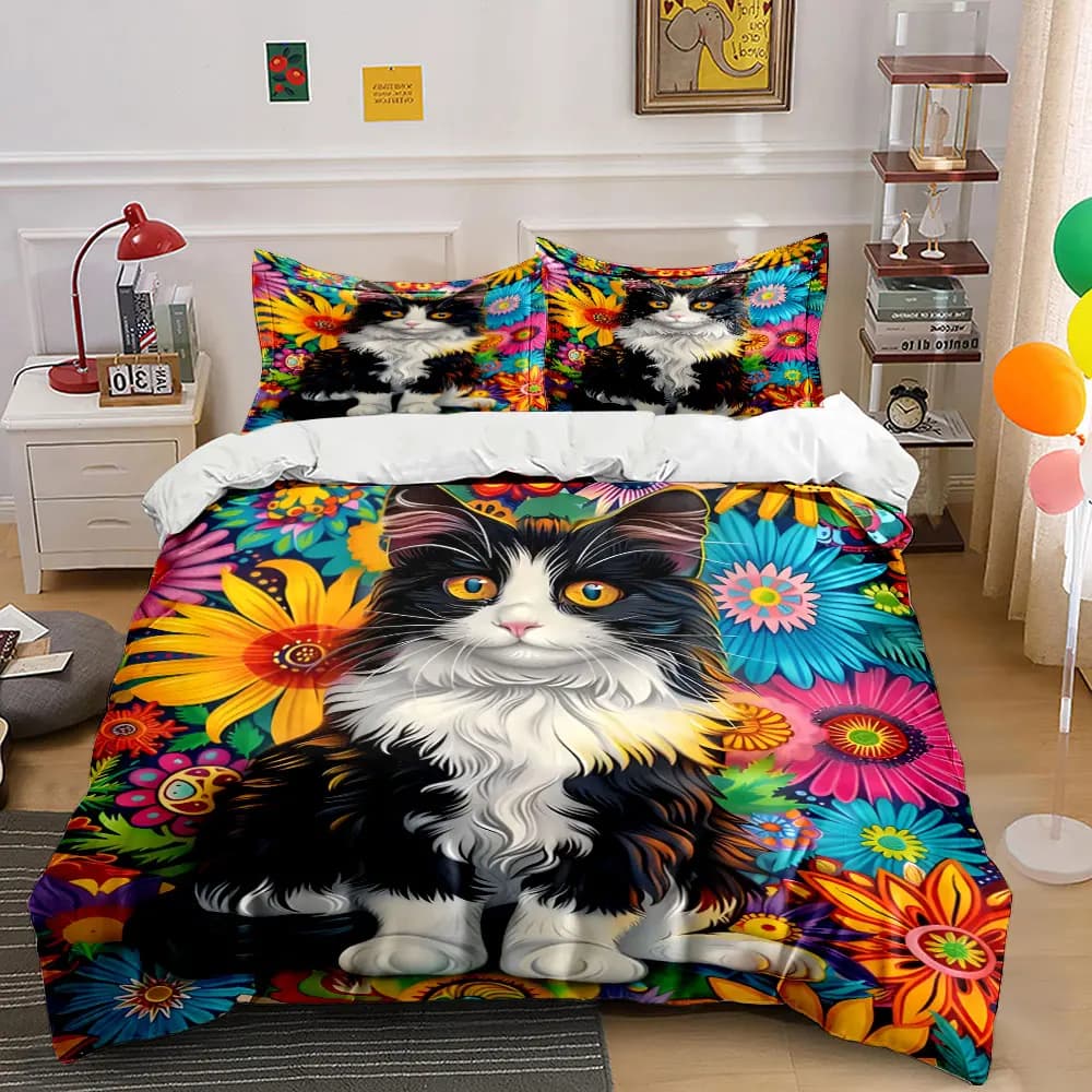 Colorful Cat Flower Decor Set Bedding Set with 1 Duvet Cover 2 Pillowcases Single Double King Queen, Gift