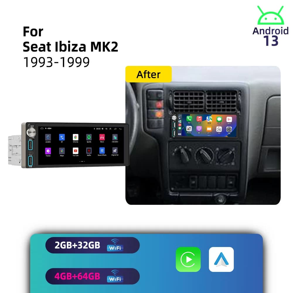 For Seat Ibiza MK2 1993-1999 CarPlay 6.86 Screen Android 1Din Car Stereo GPS Navigation Multimedia Autoradio Radio Head Unit