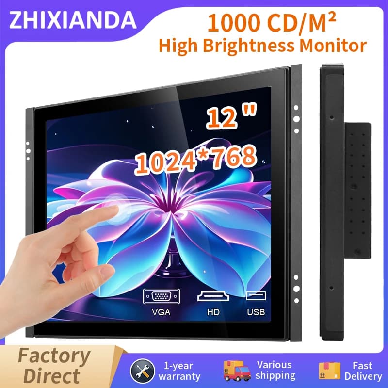 Zhixianda Outdoor 1000 Nits Touch Screen capacitivo Monitor da 12 pollici 1024*768 Display industriale impermeabile con VGA HDMI USB