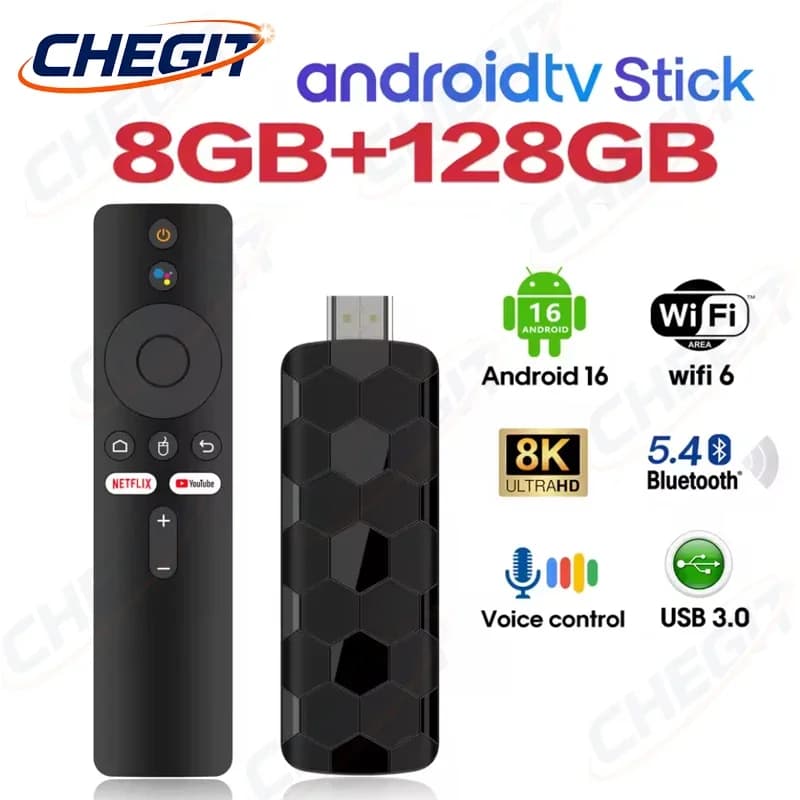 Android 16 Smart TV Stick 8GB+128GB with Google Assistant, Video 4K, Bluetooth 5, Media Player, Wi-Fi 6, TV Box for Netflix and YouTube