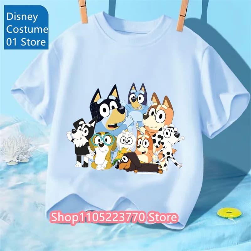 T-shirt bluey unisex per bambini Autunno Inverno Manica corta Simpatico cartone animato Stampa anime Felpa morbida per ragazzi e ragazze Abiti casual