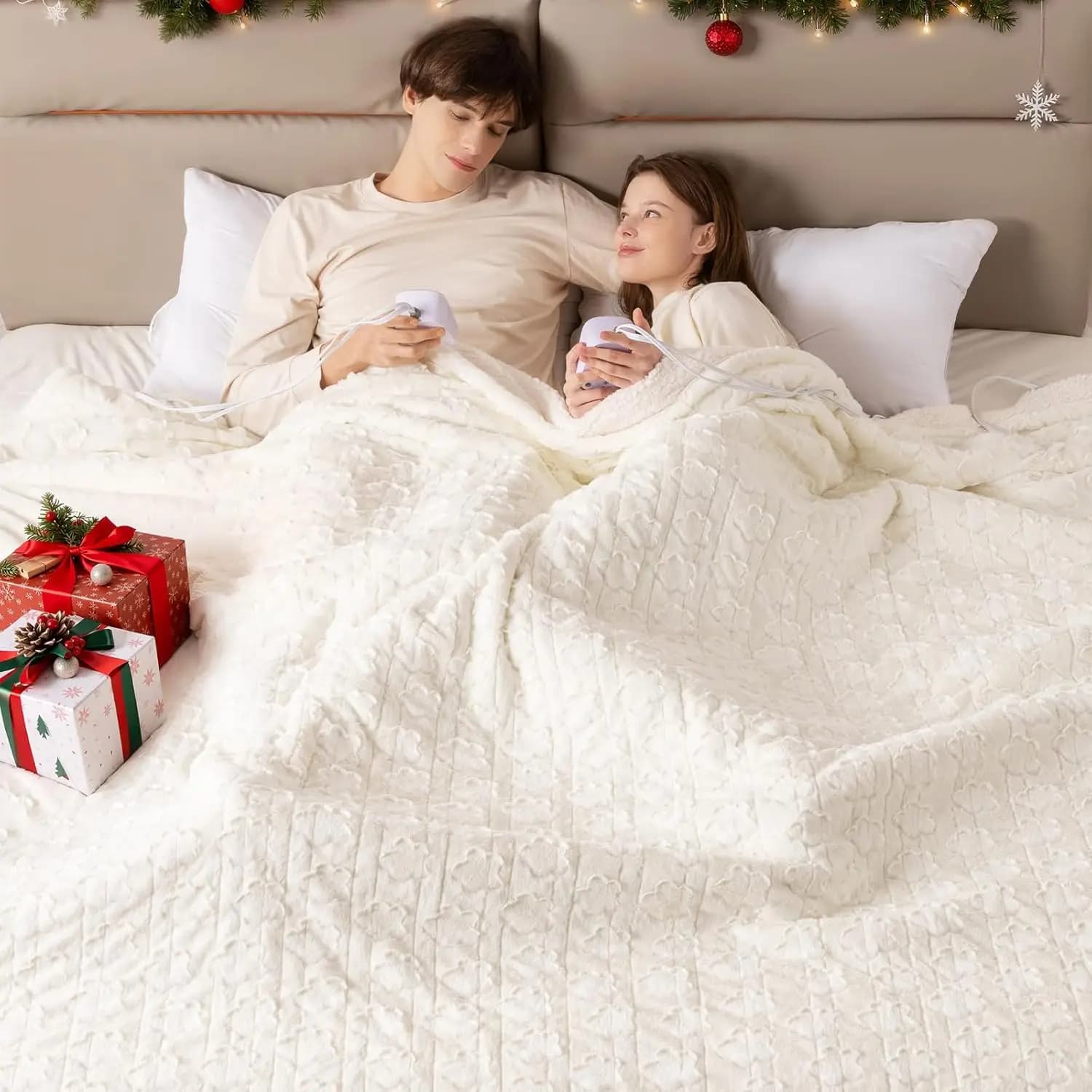 Coperta elettrica King Size 100" x 90", doppio controller, pelliccia sintetica floreale e Sherpa, 10 livelli di calore, spegnimento automatico, certificata ETL