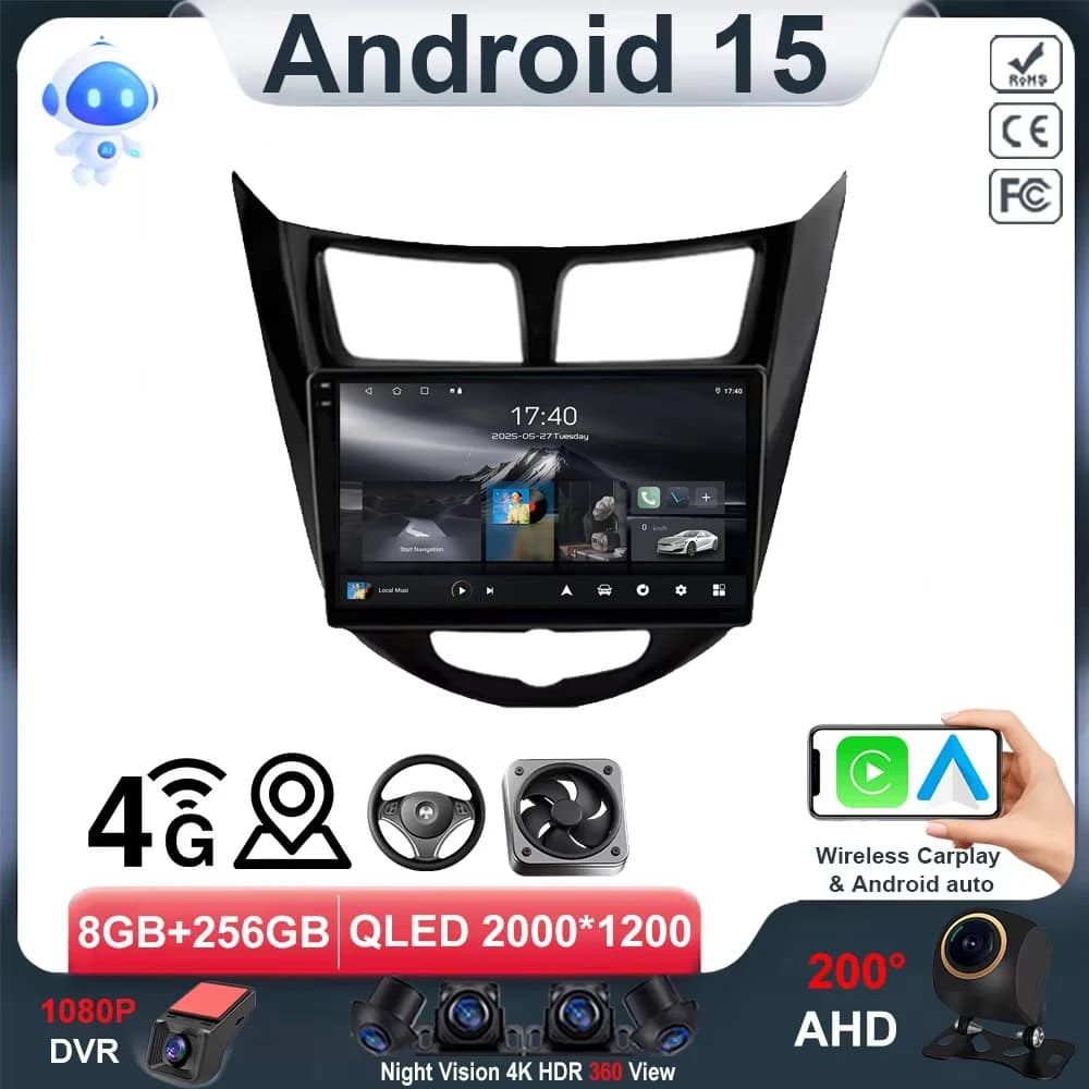 Autoradio Android 5G Wifi for Hyundai Solaris Accent I25 2010-2016, Screen with Dash Cam and Navigation, No DVD 2din