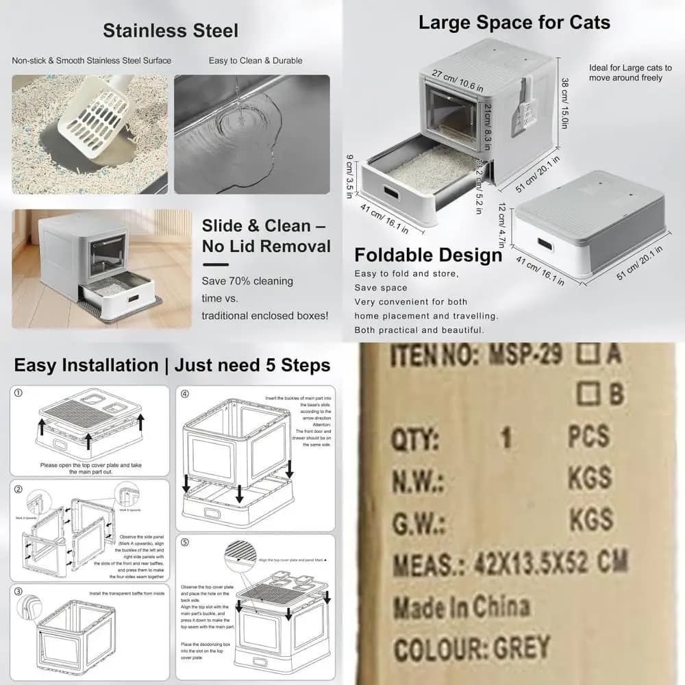 Lettiera per gatti da interno in acciaio inossidabile con coperchio e cassetto, design resistente alle perdite, include paletta e tappetino
