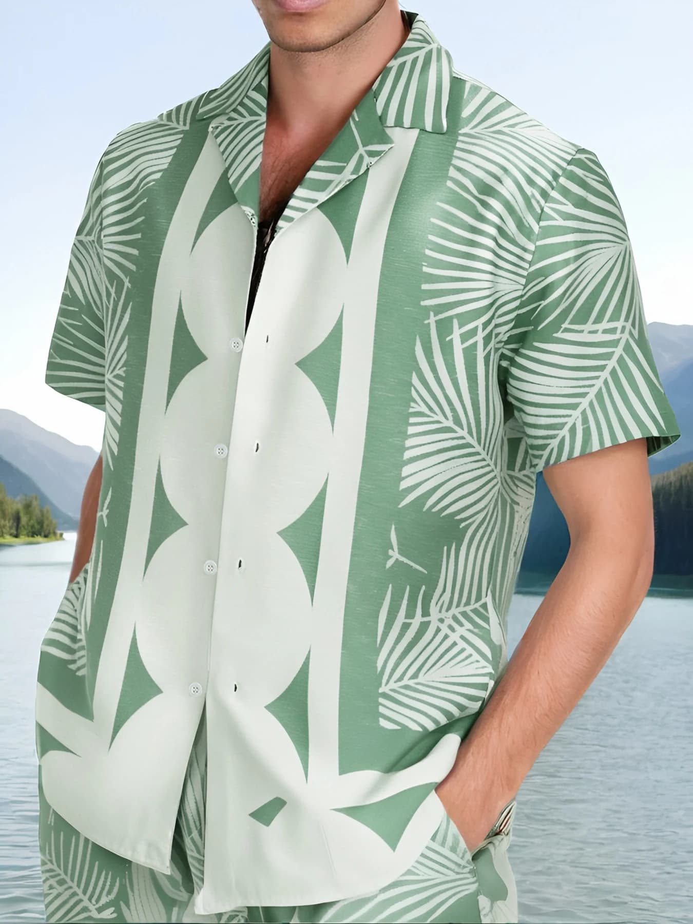 Tropical Plant Print Men's Two-Piece Suit, Green and White Cuban Collar Short-Sleeved Shirt and Shorts, Casual Loose Hawaiian Style Men's Summer Outfit
