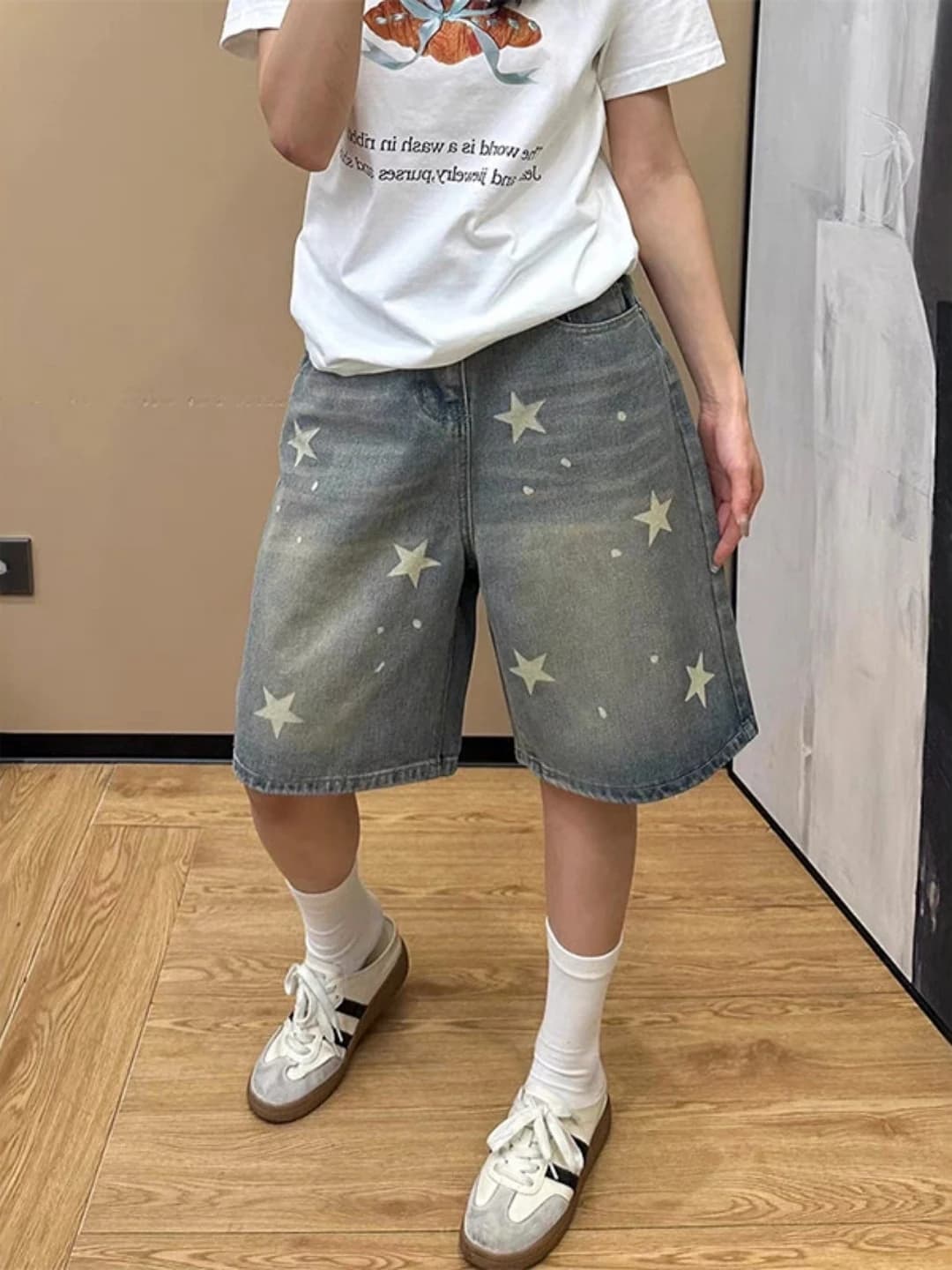 Loose High Waist Blue Jeans Shorts Women's Summer Fashion Straight Leg Wide Leg Five-Point Pants Retro plus Size