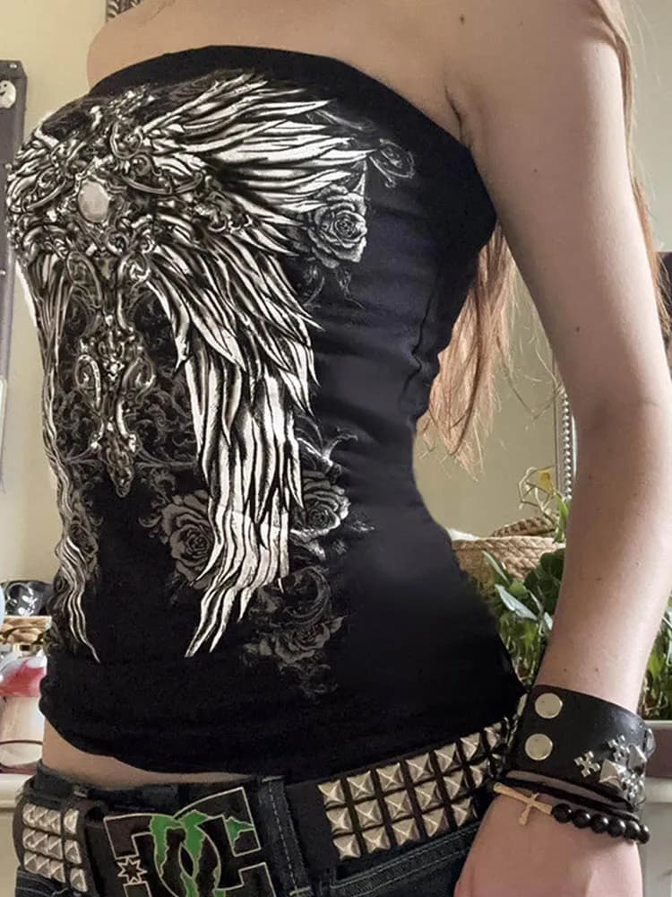 Black Strapless Tube Top with Gothic Women's Print Skinny Clipped Summer Casual Chic T-shirt Graphic Y2K Streetwear Basic Vest