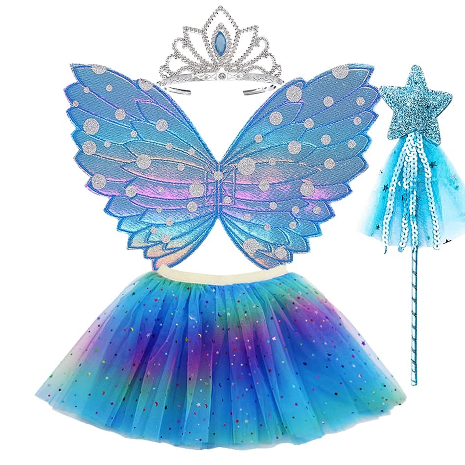 Abbigliamento da ballo per bambini Accessori per feste Ragazza Costume di Halloween Bambini 3 strati Arcobaleno Stelle Paillettes Gonna Ala Corona Bacchetta 4 pezzi / set