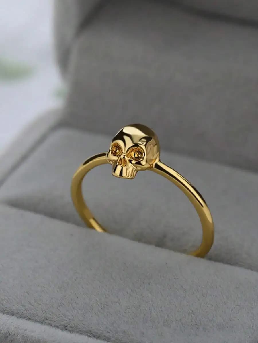 Polished Mini Skull Ring In Gold Tone, Unisex Gothic Style Fashion Accessory For Holiday Gifting