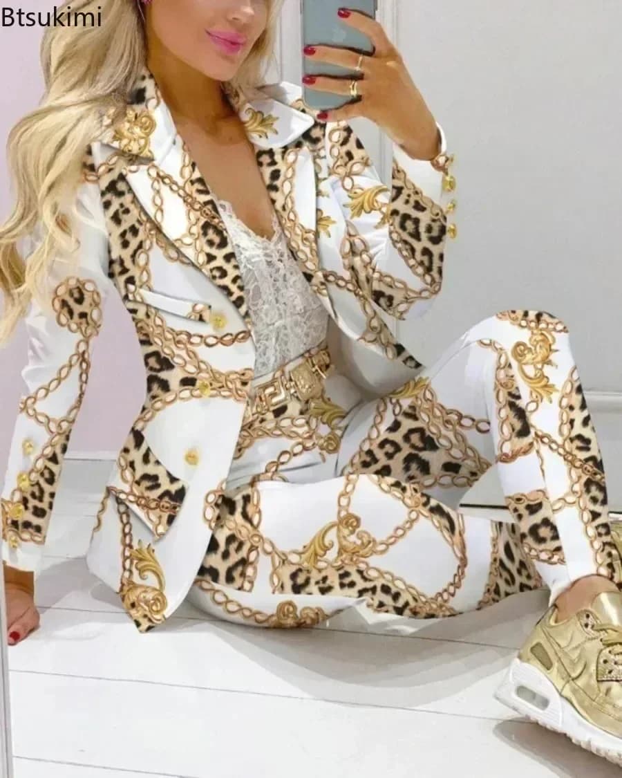 New 2 PCS Sets Women Business Office Blazer and Pants Sets Fashion Elegant Lapel Suit Coat Trouser Casual Outfit Tracksuit Femme
