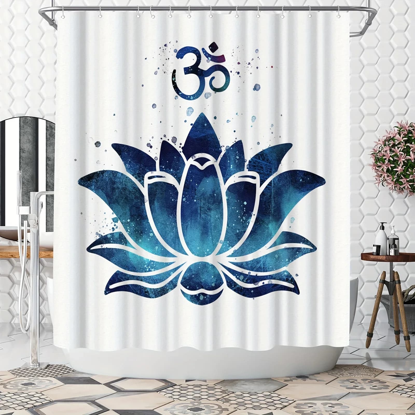 Tenda da doccia grande blu Tenda da bagno con fiore di loto Zen blu Tessuto in poliestere da 72x72 pollici Decorazione da bagno blu