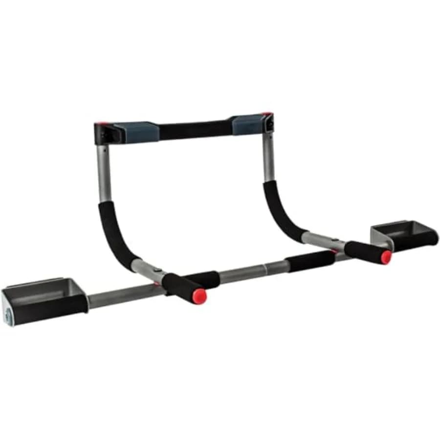 Portable door and fitness system traction bar for home workouts, steel frame with adjustable resistance bands, compact black design