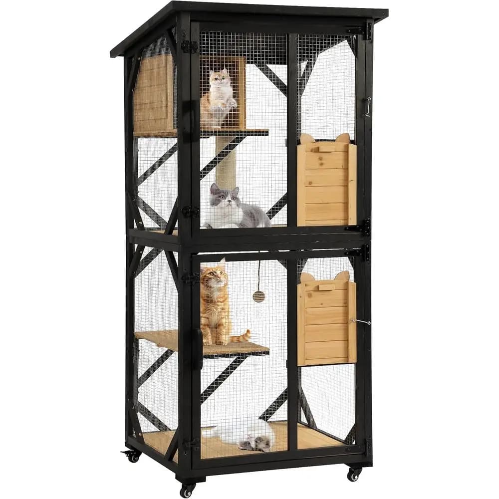 Recinto per Gatti da Esterno con Casetta in Legno, Grande Gabbia con Piattaforma, Cuccia, Tiragraffi e Palla (Nero)