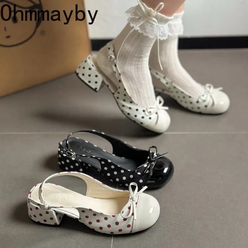 Sandali da Donna con Pois, Eleganti Mules con Tacco Spesso e Punta Coperta, Scarpe Slingback per Feste e Cerimonie