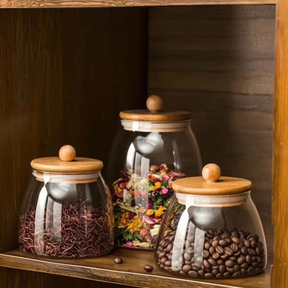 Seasoning Storage Jar with Bamboo Lid Silicone Seal Glass Container Clear Glass for Tea Spices Dry Goods Kitchen