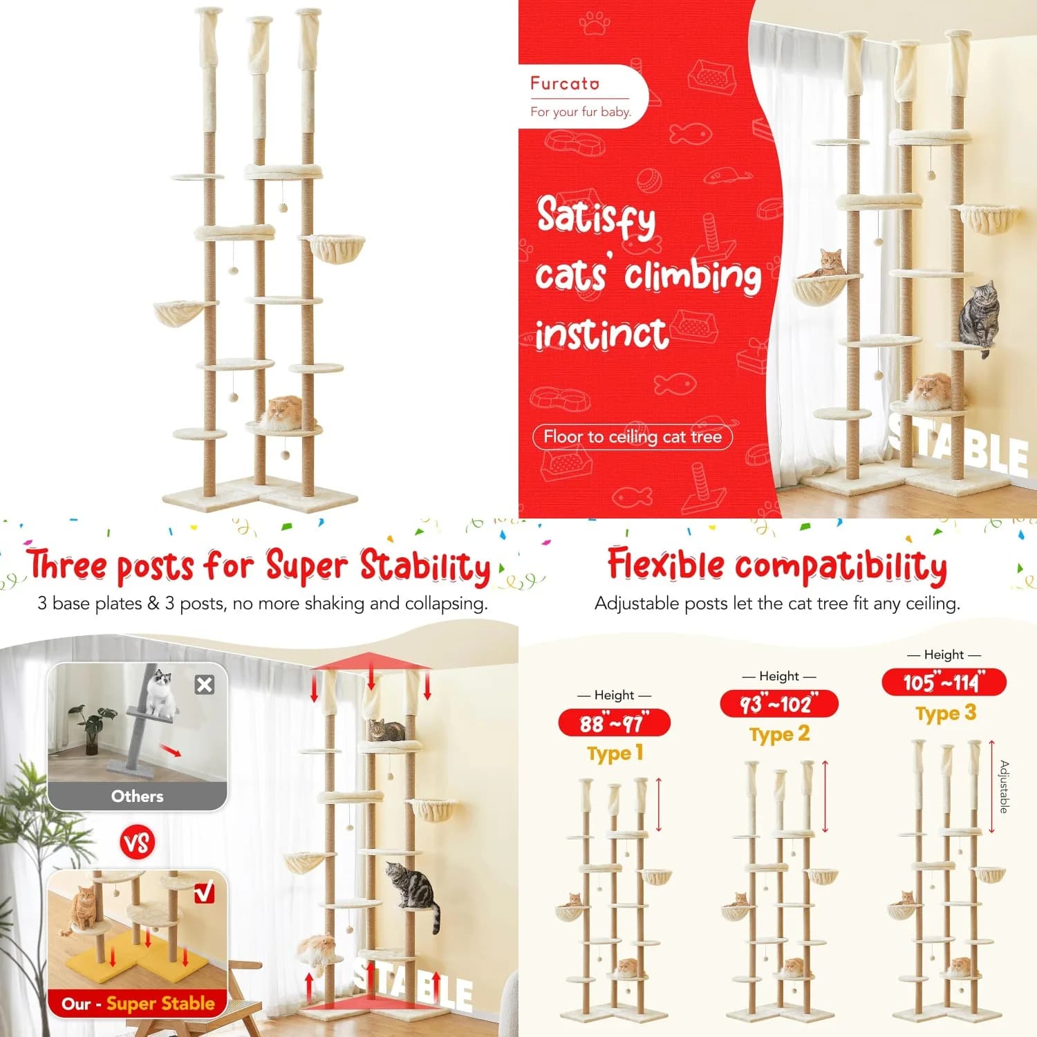 Albero per Gatti da Pavimento a Soffitto, Torre per Gatti Alta Regolabile (88”-114”=223-290CM), Torre da Arrampicata per Gatti a 6 Livelli con 18 Scomparti, Personalizzabile