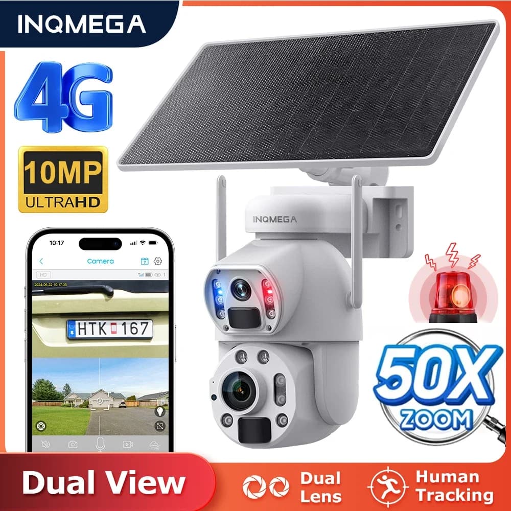 INQMEGA 10MP 50X ZOOM Telecamera solare 4G SIM da esterno 360 ° Telecamere di sicurezza wireless con batteria WIFI con pannello solare PIR Night Vision