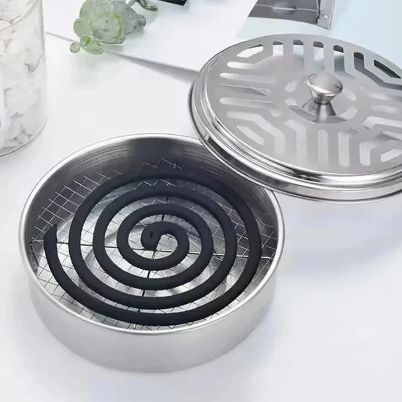 Porta spirali antizanzare in acciaio inossidabile, vassoio rotondo con coperchio, facile da pulire, forniture antizanzare per viaggi e picnic all'aperto