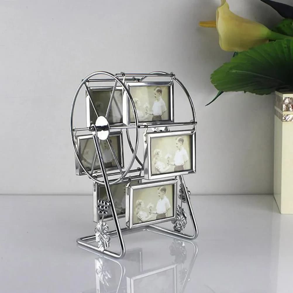 Rotating Ferris Wheel Photo Frame, 6-Sided Silver Metal Rotating Photo Stand, Gift Home Decoration Souvenir Desktop Ornament