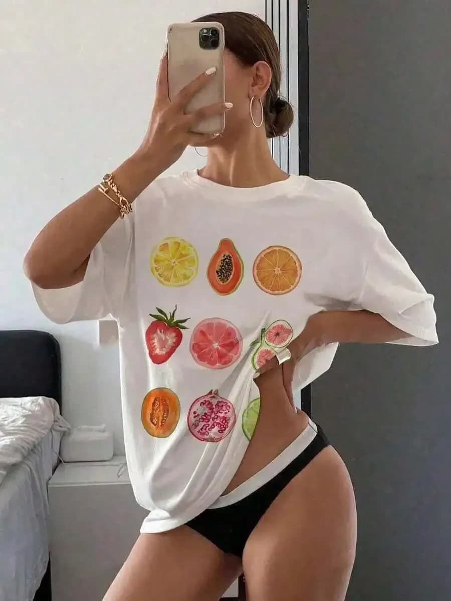 T-shirt da donna con stampa di frutta, manica corta, girocollo, in cotone, top estivo casual