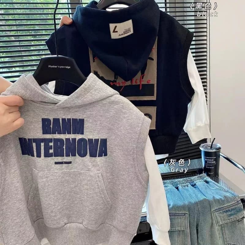 100-150 cm Adolescenti Ragazzi Autunno 2025 Nuovo Bambino Alla Moda Lettera Maglione + Gilet Con Cappuccio Due Pezzi Per Bambini Primavera Autunno maglione Set