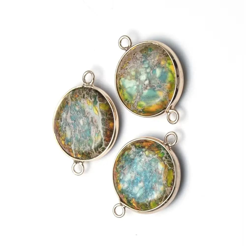 Connettore in Pietra Naturale 21x30mm, Ciondolo Rotondo Dorato a Doppio Foro in Pietra Imperiale, Accessori Fai-da-Te per Collane e Bracciali Artigianali, 1 Pezzo